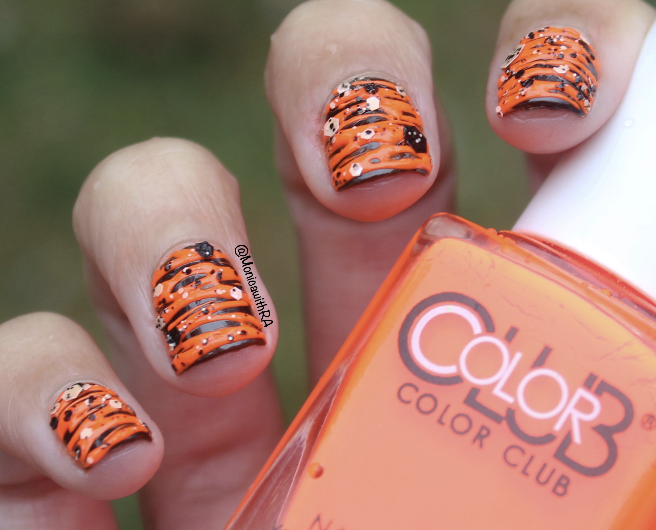 Halloween Orange and Black Sugar-Spin Nail Art with Formula X Glitter (ft. Zoya and Color Club Nail Polish)