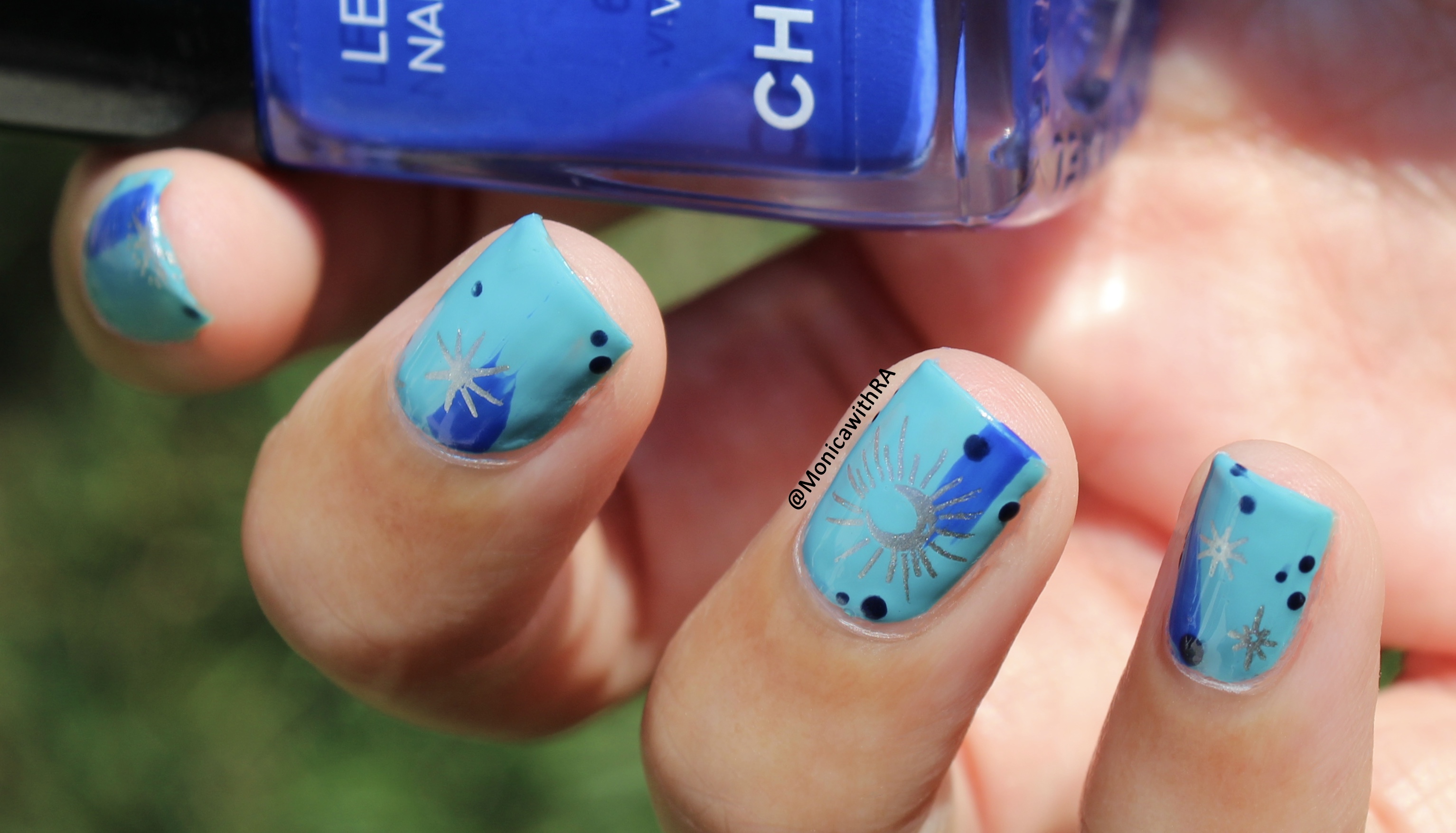 August Blues Arthritis-Friendly Easy Dry Brush Nail Art ft. Zoya Rocky, Chanel Les Vernis Vibrato and Born Pretty Store stamping plates